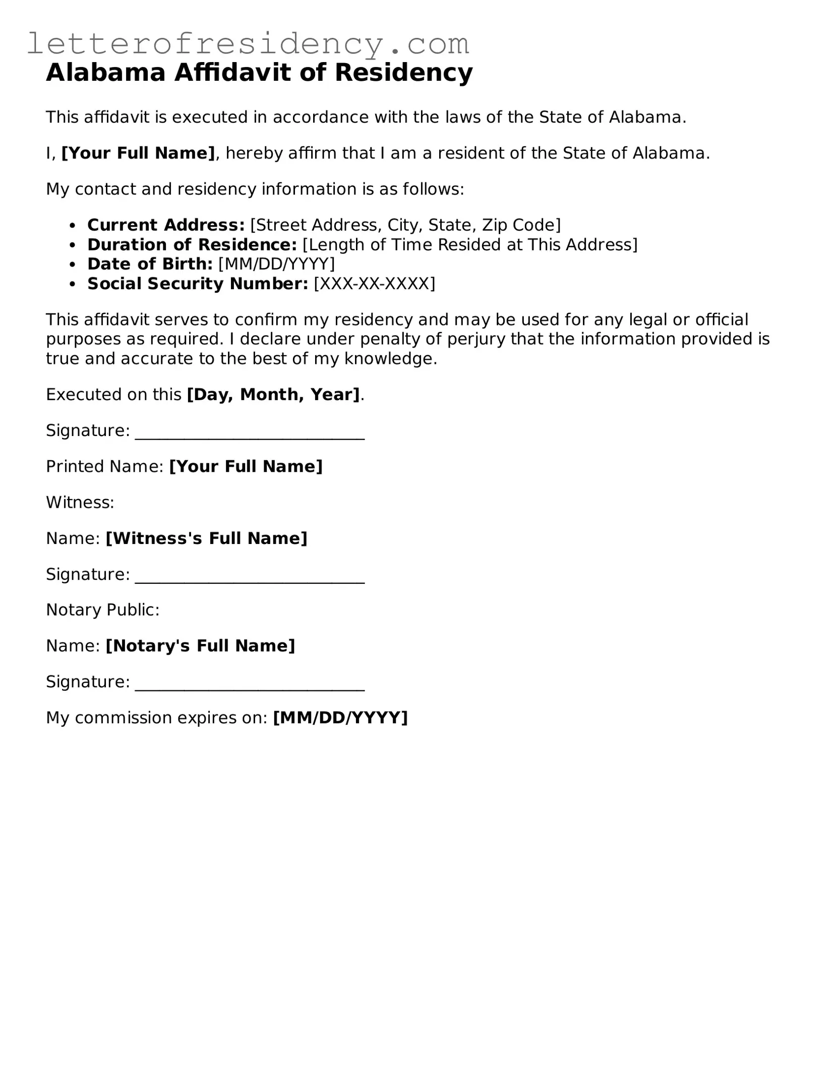 Valid  Affidavit of Residency Document for Alabama