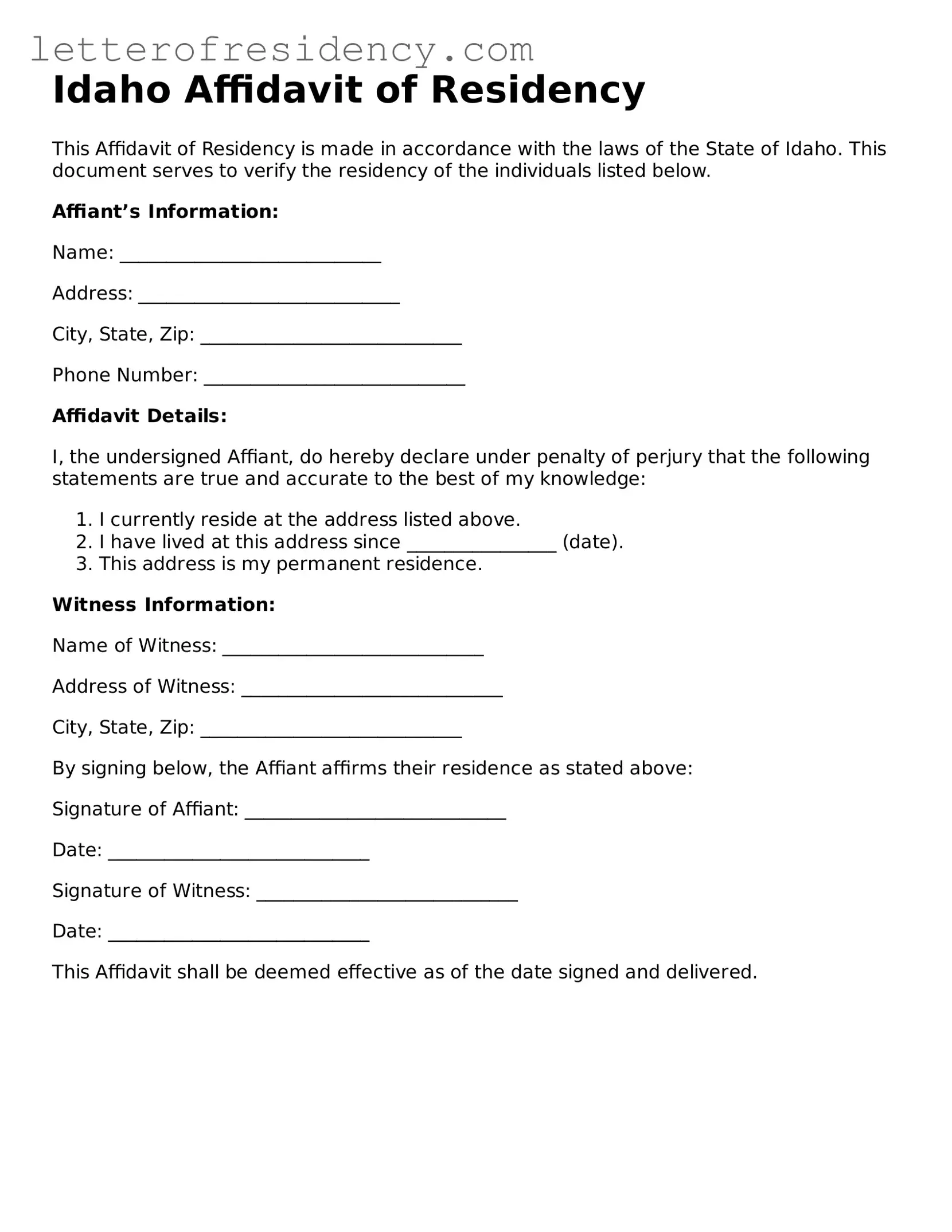 Valid  Affidavit of Residency Document for Idaho