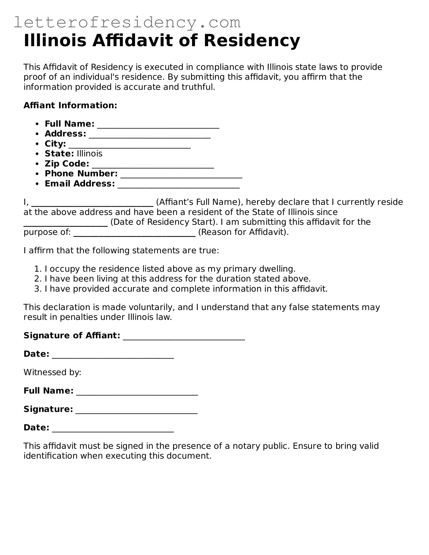 Valid  Affidavit of Residency Document for Illinois