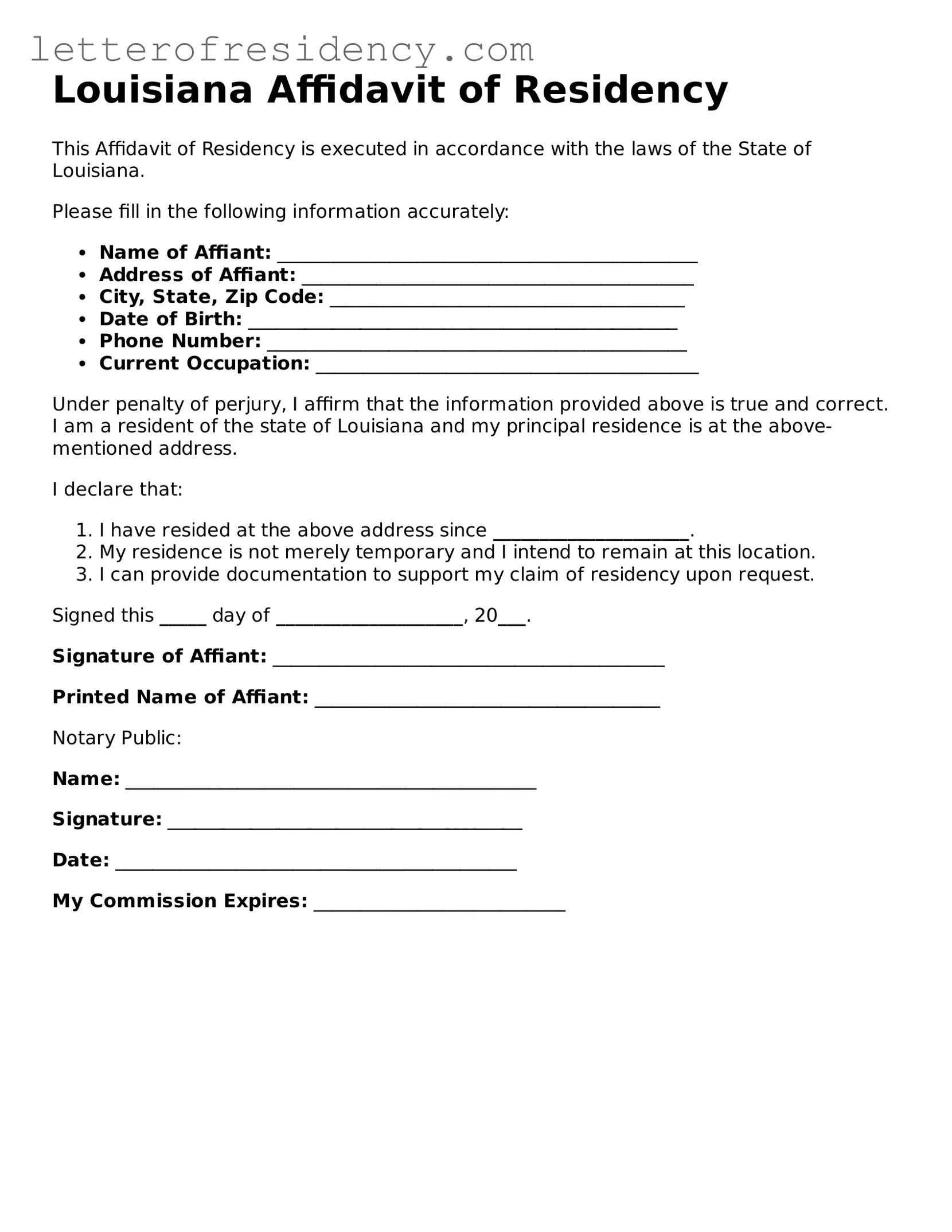 Valid  Affidavit of Residency Document for Louisiana