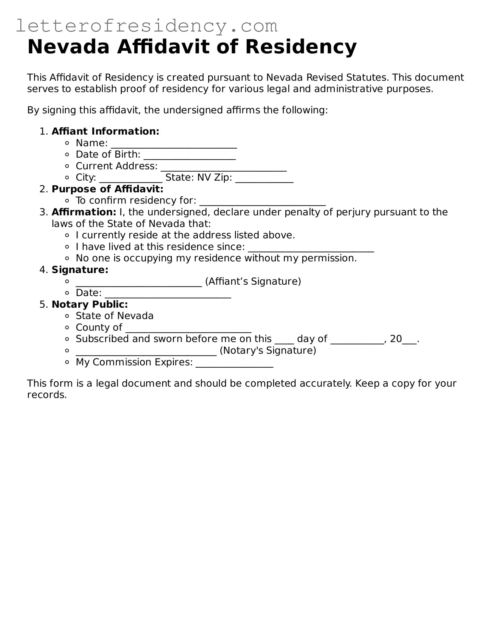 Valid  Affidavit of Residency Document for Nevada