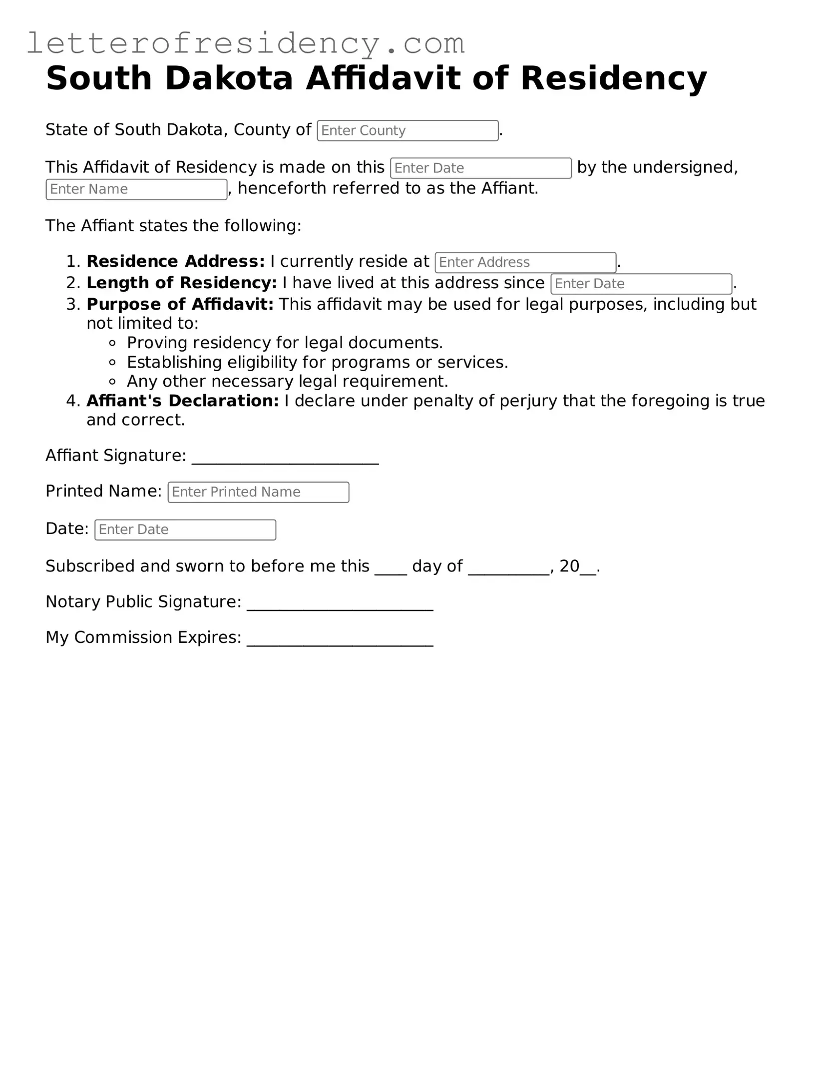 Valid  Affidavit of Residency Document for South Dakota