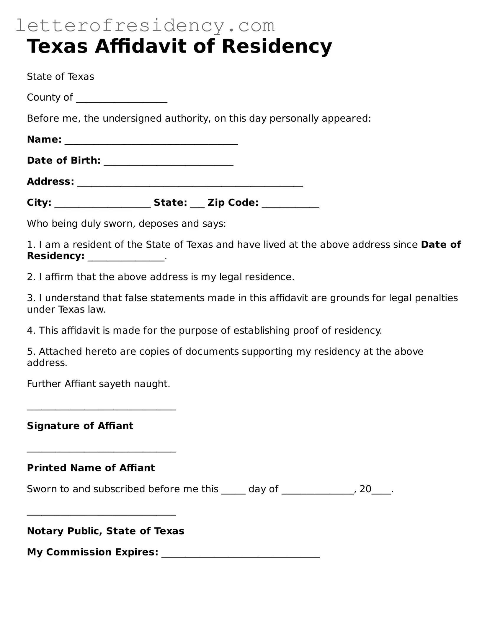 Valid  Affidavit of Residency Document for Texas