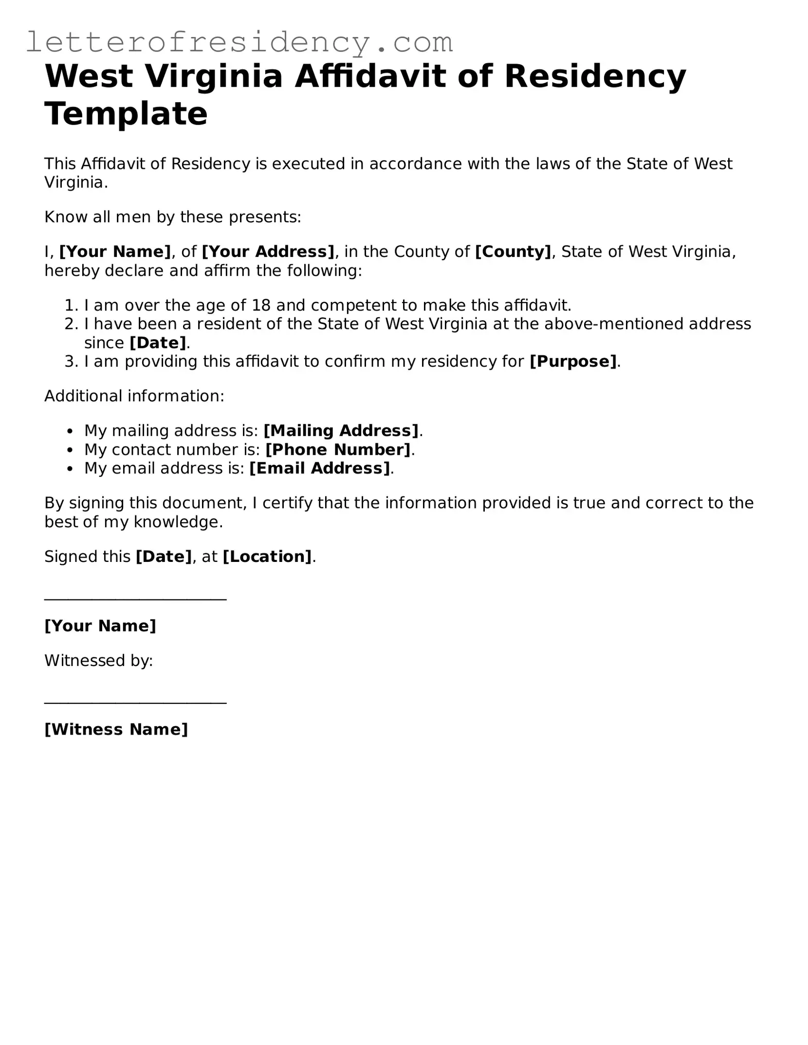 Valid  Affidavit of Residency Document for West Virginia